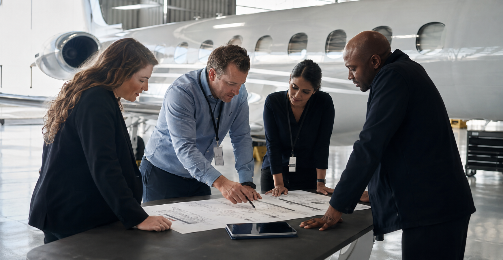 Aviation professionals working together beside a business aircraft